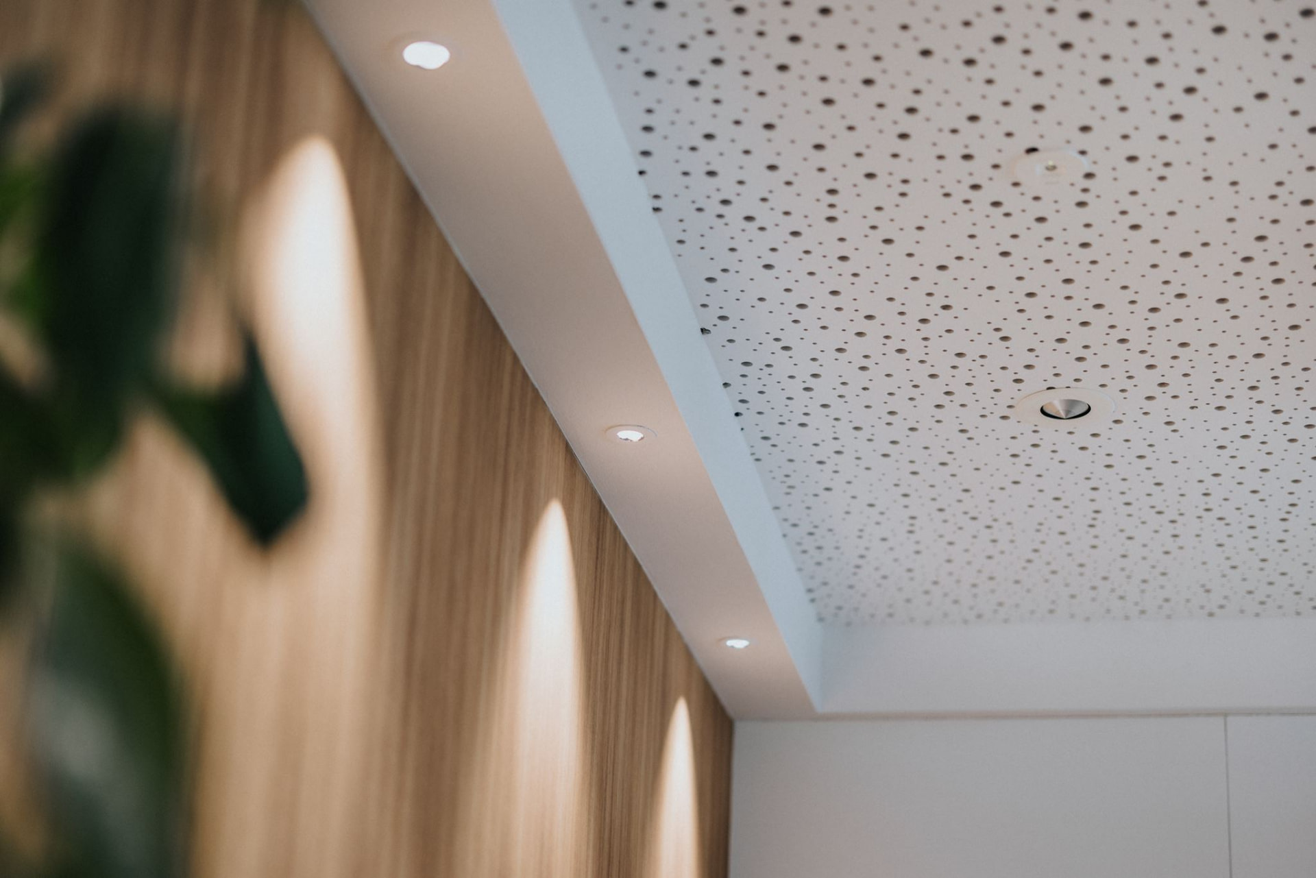 Faretti da incasso in controsoffitto acustico con parete in legno